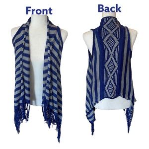 Say What Cardigan Vest Women’s Junior Size S / M Blue Gray Fringe Stripe